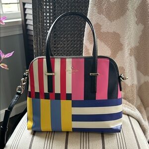 kate spade ♠️ Pink Multi-Stripe Satchel with Black Handles